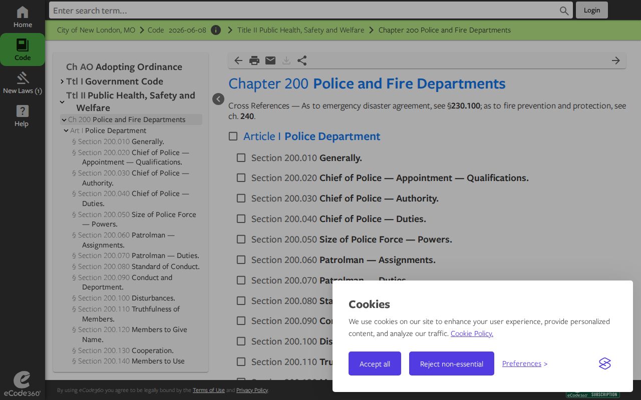 New London Police municipal code source for New London arrest-record context