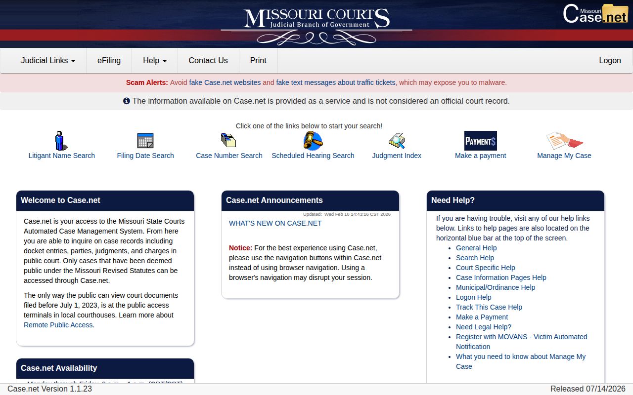 Missouri Case.net public search for Ralls County warrant-related court records