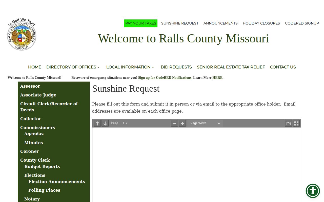 Ralls County booking record Sunshine Request page